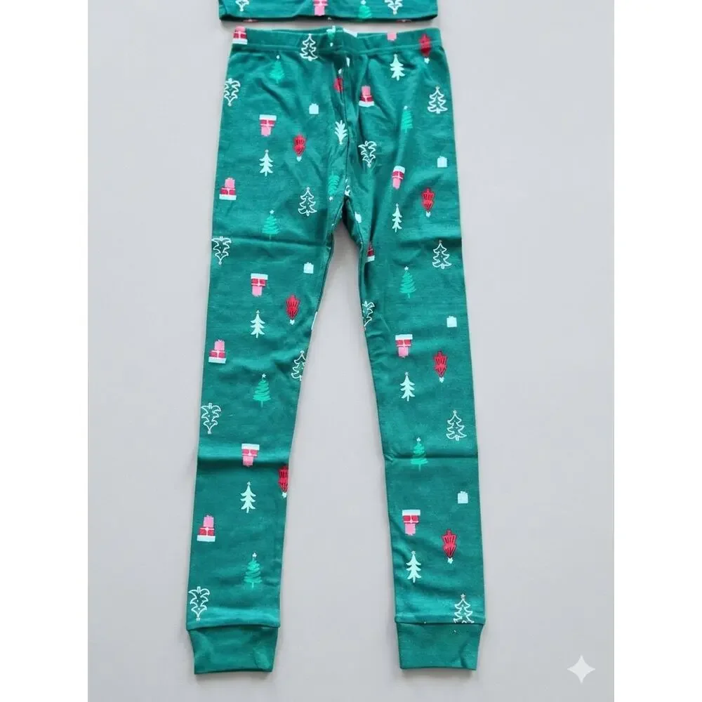 NEW! 14 Kids Christmas Tree Print Top and Pants Pajama 2PC Set 100% Cotton Green